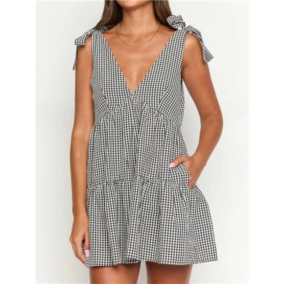 Gingham Tie Shoulder Mini Dress - Picture 5 of 7